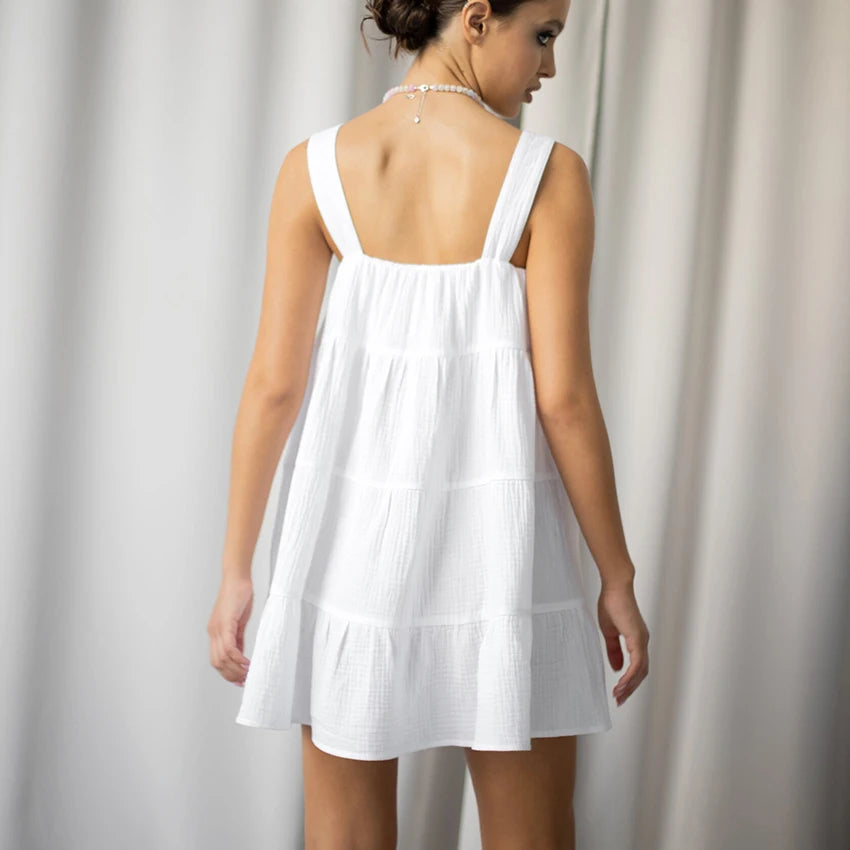 Hiloc White Pure Cotton Sweet Spaghetti Strap Mini Dress Summer Pullover Bow Backless Nightgowns Lace-Up Loose Night Dress Woman