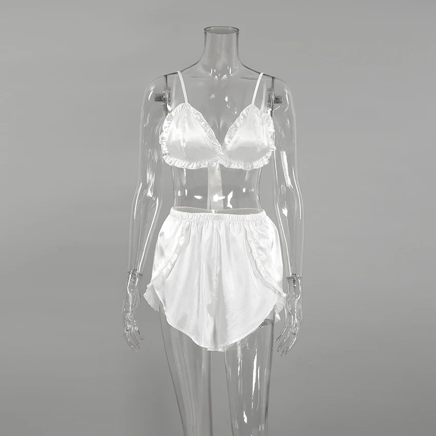 Hiloc Summer Sexy Satin Bra Suits Casual Elastic Waist Shorts And Lace Up Top 2 Piece Set Women 2025 Home Ruffles Outfits Female