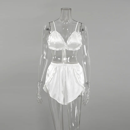 Hiloc Summer Sexy Satin Bra Suits Casual Elastic Waist Shorts And Lace Up Top 2 Piece Set Women 2025 Home Ruffles Outfits Female