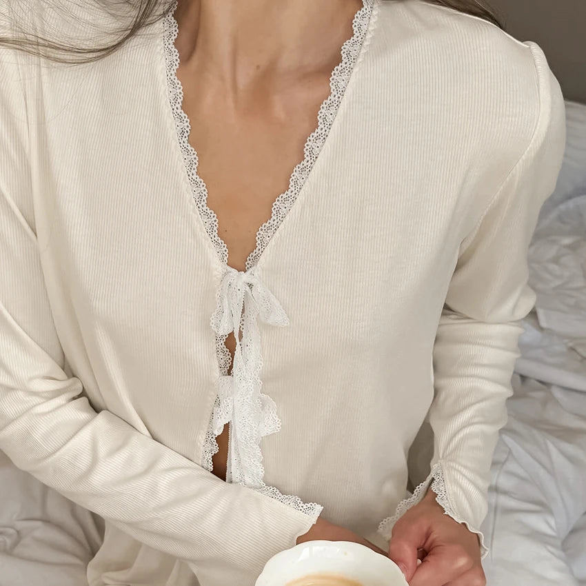 HiLoc Apricot Sweet Lace Loosely Knitted Ladies' Pajamas 2 Piece Long-Sleeved Lace-Up Placket Top Elastic Waist Shorts 2026 Fall