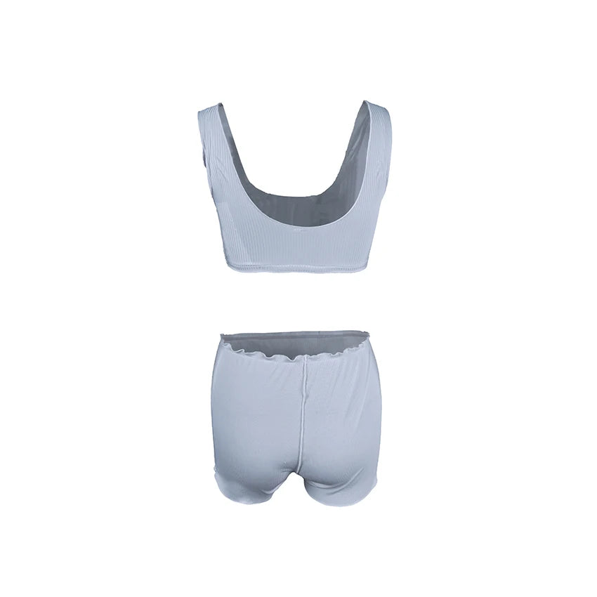 HiLoc Sexy White Crop Top Pajamas Woman Casual Ruffles Tank Top And High Waist Shorts 2 Piece Sets Women Home Knit Outfits 2025