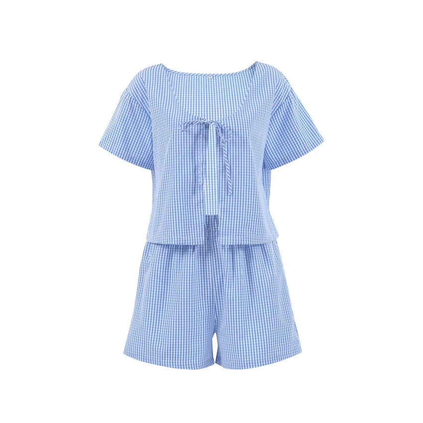 Hiloc Summer Blue Plaid Shorts Women's Sets Short Sleeve Home Suit For Women Round Neck Lacing Casual Lingerie For Ladies 2025