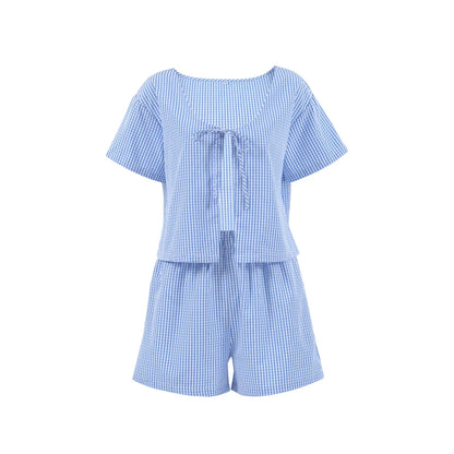 Hiloc Summer Blue Plaid Shorts Women's Sets Short Sleeve Home Suit For Women Round Neck Lacing Casual Lingerie For Ladies 2025