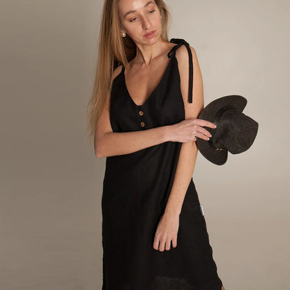 Hiloc Black Pure Cotton Sleeveless Woman Night Dress Loose Button Sleepdress Woven Spaghetti Strap Plunging Neckline Nightgowns
