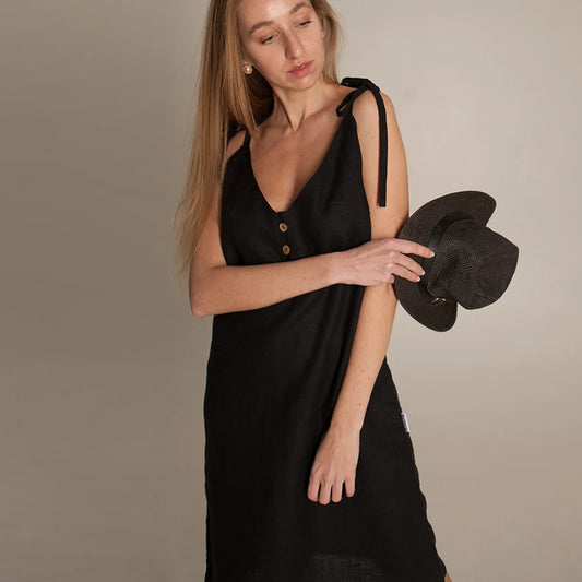 Hiloc Black Pure Cotton Sleeveless Woman Night Dress Loose Button Sleepdress Woven Spaghetti Strap Plunging Neckline Nightgowns