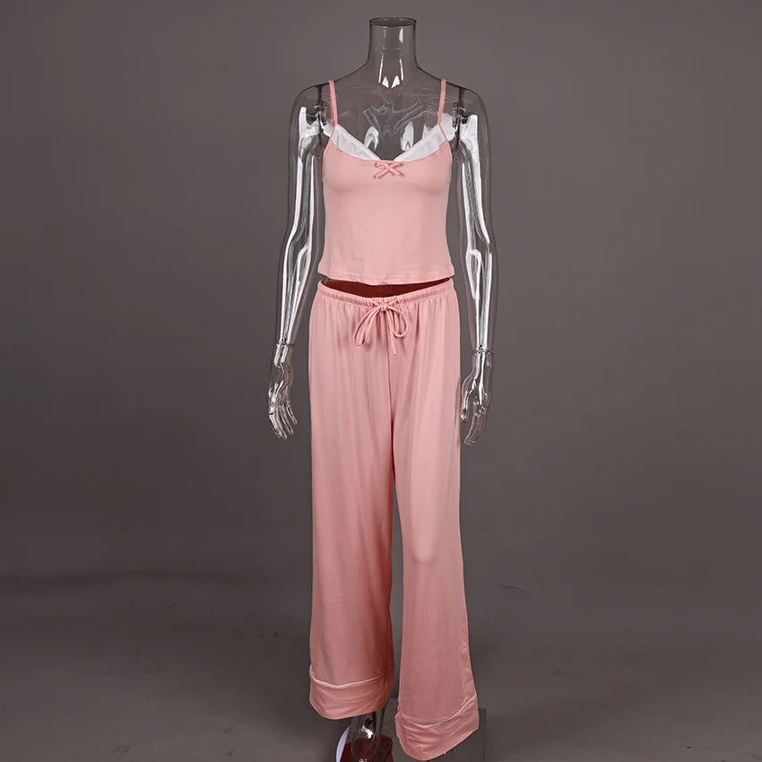 Hiloc Cute Woman Pink Spaghetti Strap Bow Top Suit Elastic Drawstring Floor-Length Pants Sets V-Neck Home Pullover Pajama Outfit