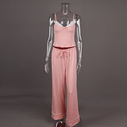 Hiloc Cute Woman Pink Spaghetti Strap Bow Top Suit Elastic Drawstring Floor-Length Pants Sets V-Neck Home Pullover Pajama Outfit