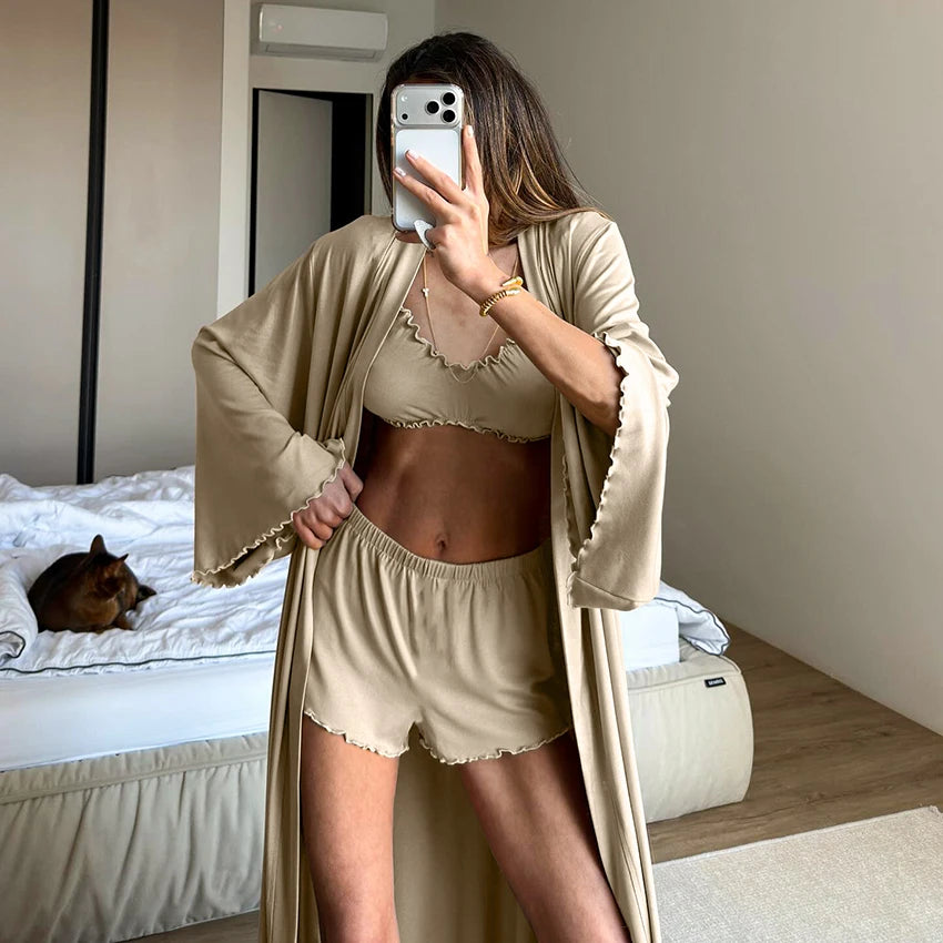 HiLoc Soft Drape Fabric Women's 3 Piece Pajama Set Ruffle Trim Cami Top Shorts With Belted Robe Sleepwear Loungewear Gift 2026