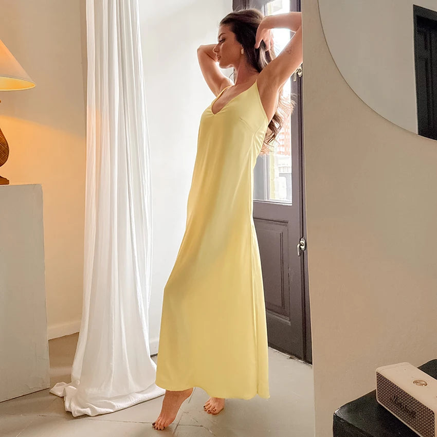 HiLoc Casual Brown Loose Long Dress Robe 2026 Summer Elegant Satin Straight Dresses For Women Spring Sleeveless  Robes Nightgown