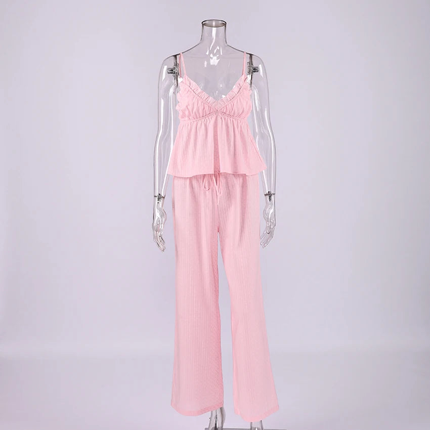 Hiloc Spaghetti Strap Vest Sleepwear With Wide Leg Pants  Pajamas 2 Piece Sets Spring Casual Ruffles Trousers Outfits Female
