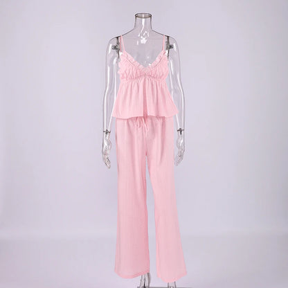 Hiloc Spaghetti Strap Vest Sleepwear With Wide Leg Pants  Pajamas 2 Piece Sets Spring Casual Ruffles Trousers Outfits Female