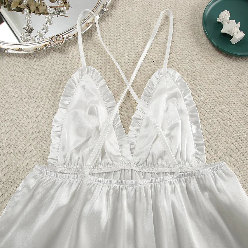 HiLoc Sexy Satin Nightgown Robe Set Women's Cross Back Spaghetti Strap Chemise Feather Trim Long Sleeve Robe 2 Piece Loungewear