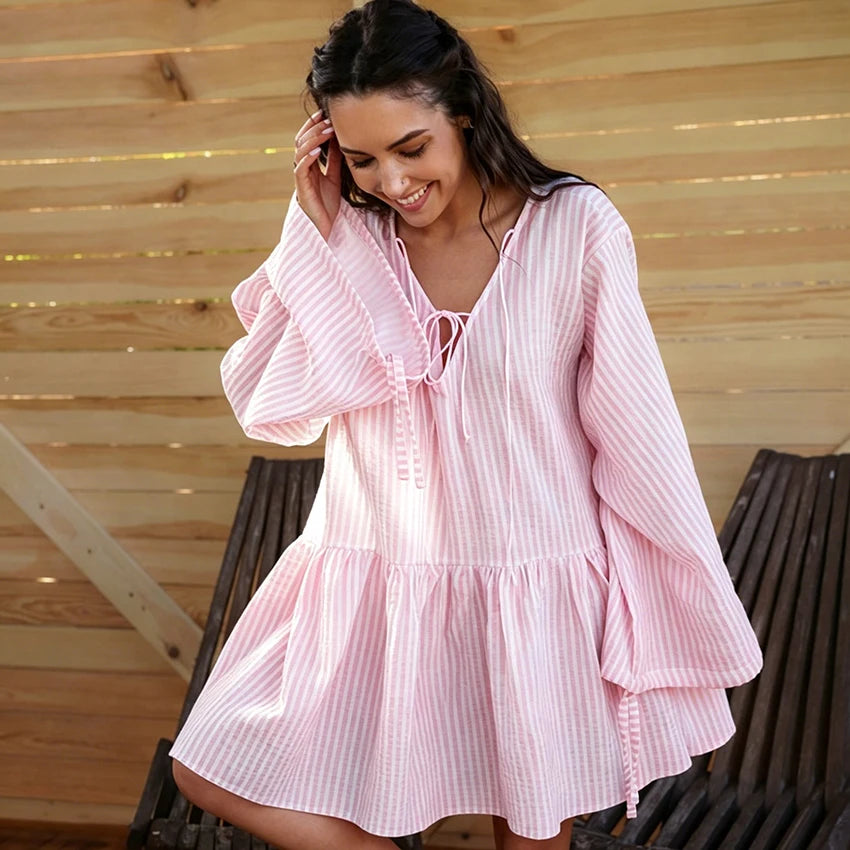HiLoc Blue Stripe Casual Loose Woven Inelastic Mini Dress V-Neck Front Strap Horn Long Sleeve Ruffled Hem Nightdress 2026 Autumn