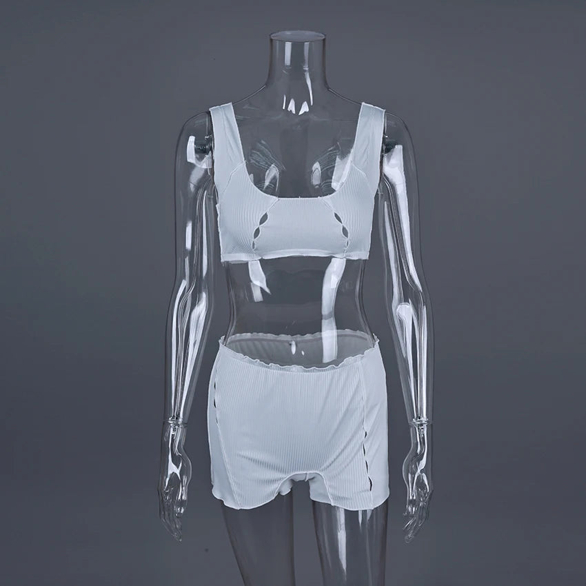 HiLoc Sexy White Crop Top Pajamas Woman Casual Ruffles Tank Top And High Waist Shorts 2 Piece Sets Women Home Knit Outfits 2025