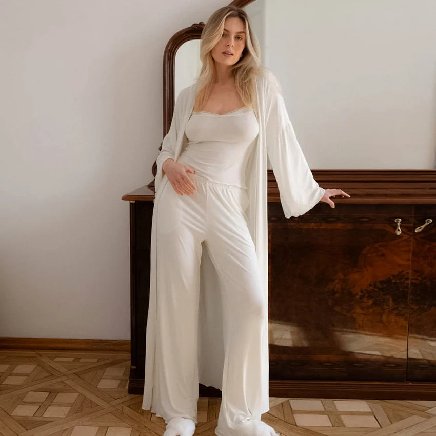 HiLoc Pink Casual Knitted Elastic Pajamas 3 Set Long Sleeves Long Robe Sleeveless Camisole Top Elastic Waist Full Length Pants