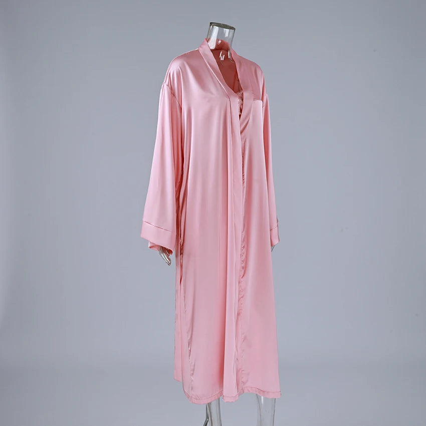 Hiloc Pink Elegant Satin Women's 3 Piece Set Pajamas Sexy Lace High Waist Split Skirts With Long Robe Bra Loungewear 2026 Spring