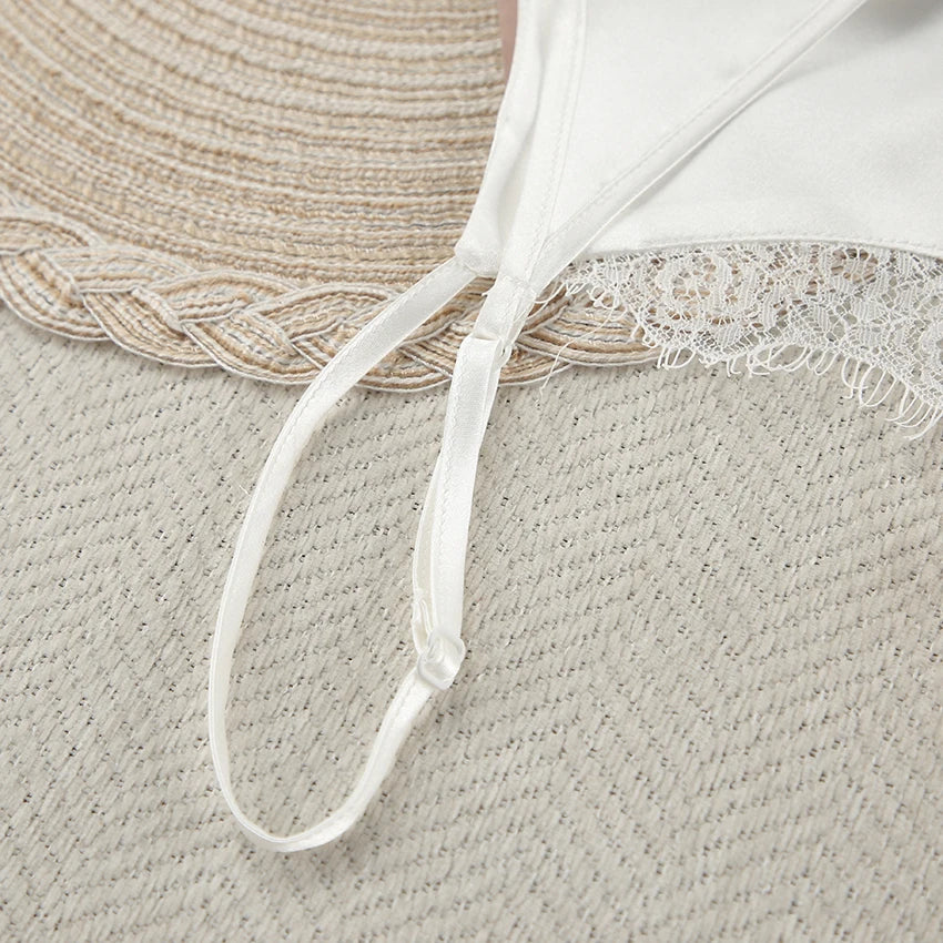 Hiloc Sexy White Spaghetti Strap Short Night Dresses Summer Woven Sleeveless Sleepdress Lace Pullover Ruched Backless Nightgowns