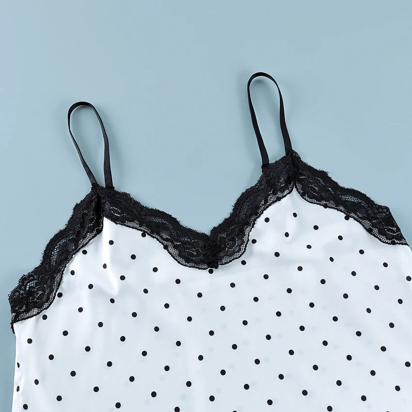 Hiloc Women 2 Piece Satin Polka Dot Pajama Set Black Lace Trim Cami Top Wide Leg Pants Sexy Elegant Loungewear Sleepwear Summer