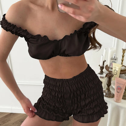 HiLoc Sexy Satin Sleepwear women's pajamas Crop Top Vest With Ruch Elastic Waist Shorts 2 Piece Sets Women Home Solid Suits
