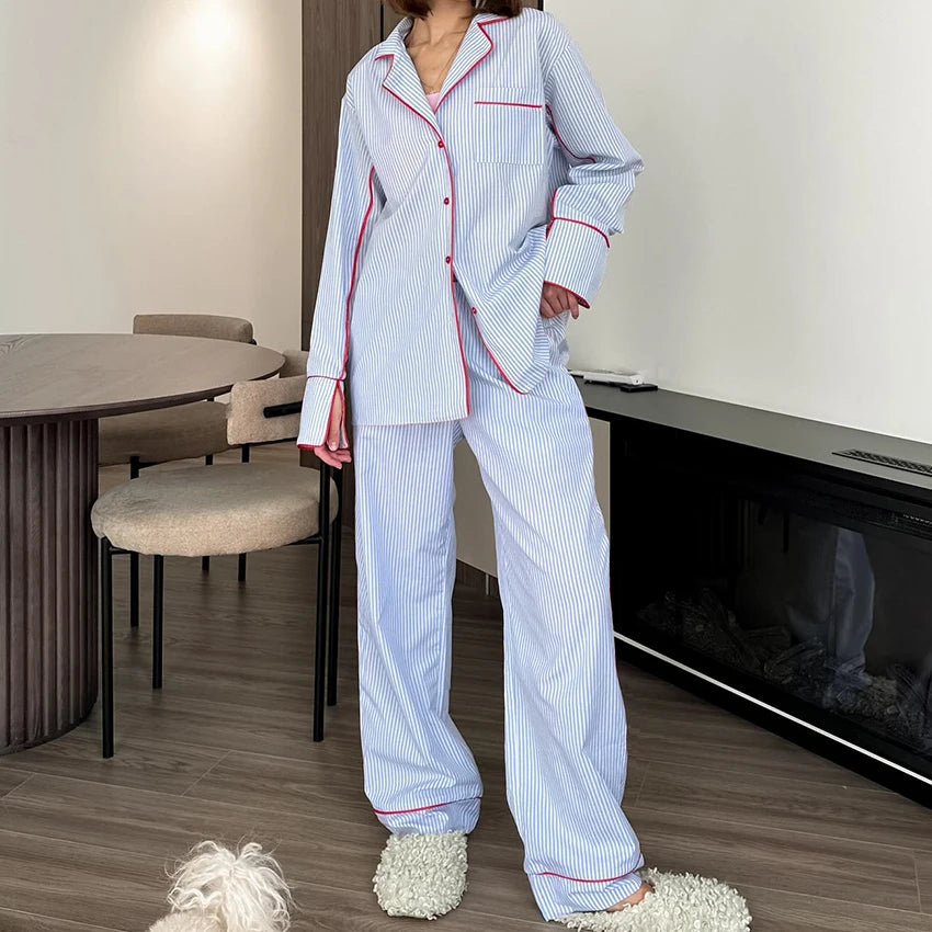 HiLoc Pink Casual Loose Woven Inelastic Pajamas 2 Piece Long Sleeve Lapel Single-Breasted Top Elastic Waist Full Length Pants