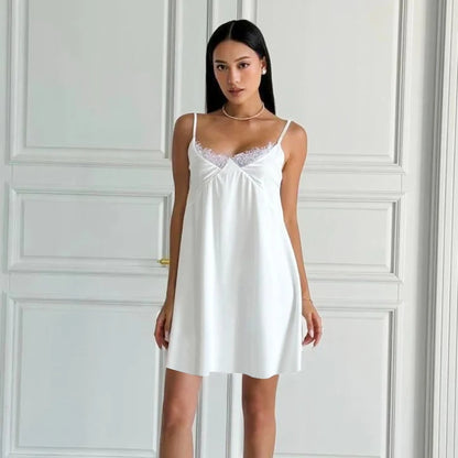 Hiloc Sexy White Spaghetti Strap Short Night Dresses Summer Woven Sleeveless Sleepdress Lace Pullover Ruched Backless Nightgowns