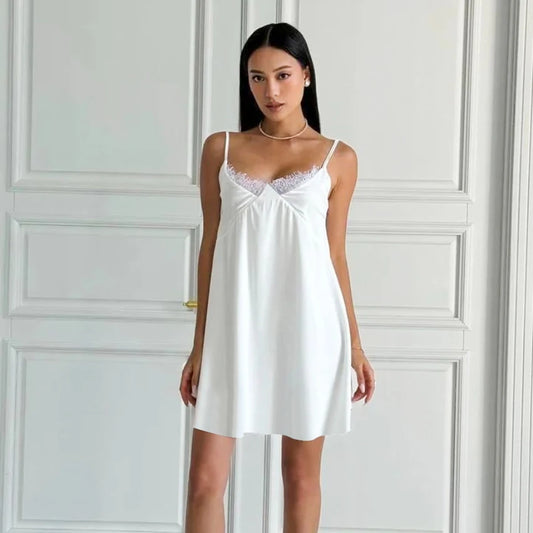 Hiloc Sexy White Spaghetti Strap Short Night Dresses Summer Woven Sleeveless Sleepdress Lace Pullover Ruched Backless Nightgowns