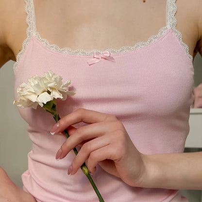 HiLoc Pink Sweet Knitted Elastic Ladies' Pajamas Two-Piece Sleeveless Lace Bow Top Elastic Waist Full Length Pants Autumn 2026