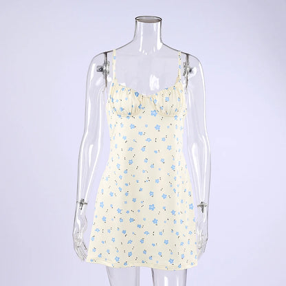 Hiloc Sexy Mini Print Spaghetti Strap Nightgown 2026 Spring Casual Backless Dress Fow Woman Elegant High Waist Short Robe Female