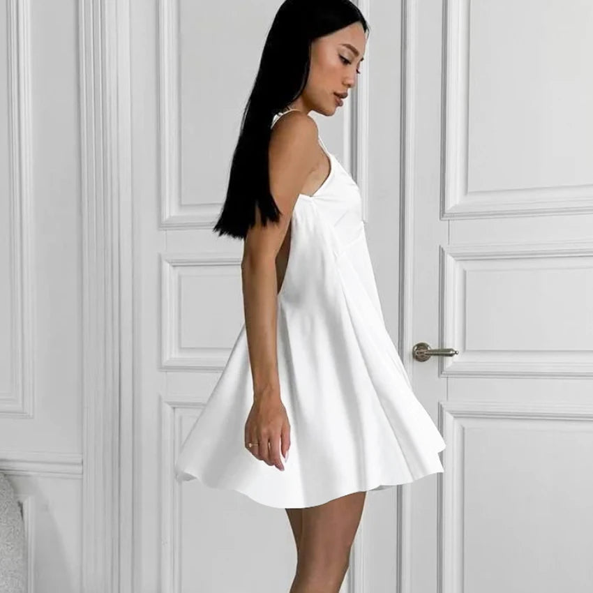 Hiloc Sexy White Spaghetti Strap Short Night Dresses Summer Woven Sleeveless Sleepdress Lace Pullover Ruched Backless Nightgowns