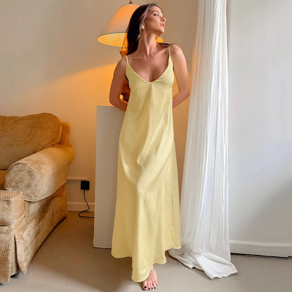 HiLoc Casual Brown Loose Long Dress Robe 2026 Summer Elegant Satin Straight Dresses For Women Spring Sleeveless  Robes Nightgown