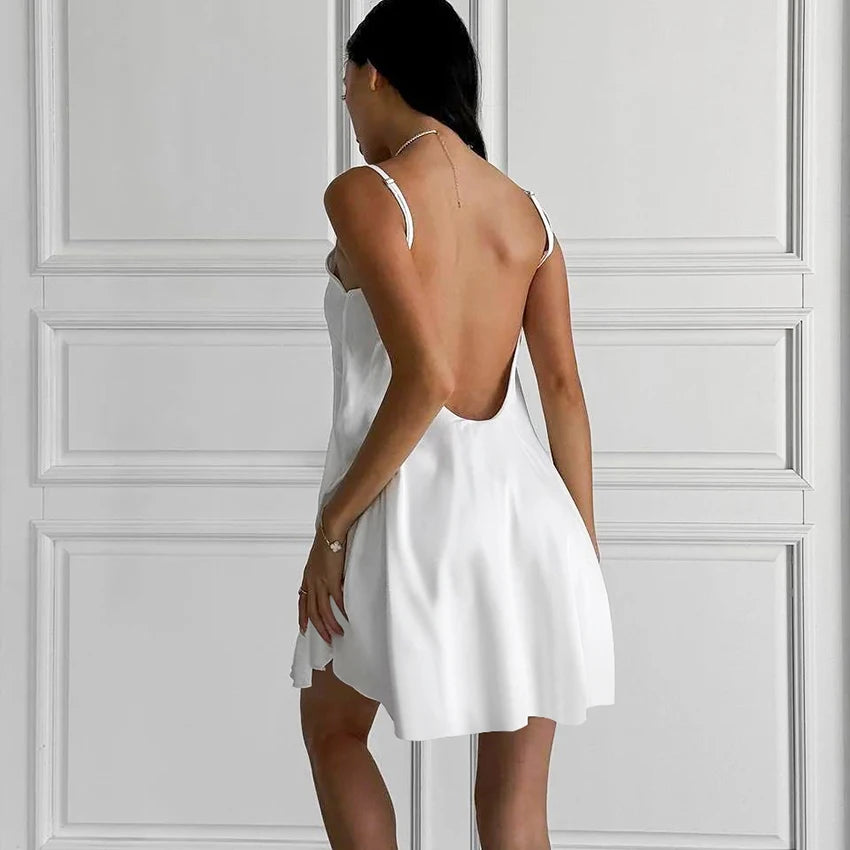 Hiloc Sexy White Spaghetti Strap Short Night Dresses Summer Woven Sleeveless Sleepdress Lace Pullover Ruched Backless Nightgowns