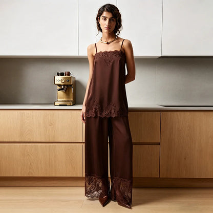 Hiloc Elegant Satin Long Pants Suit Women's Pajama Casual Lace Camisole With Elastic Waist Pants 2 Piece 2026 Summer Home Sets