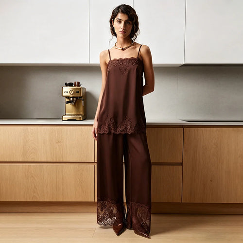 Hiloc Elegant Satin Long Pants Suit Women's Pajama Casual Lace Camisole With Elastic Waist Pants 2 Piece 2026 Summer Home Sets