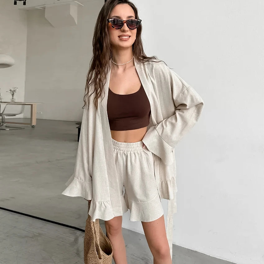 Hiloc Elegant Khaki Home Flare Sleeve V-Neck Belt Robe Suit Summer Loose Shorts Outfit Woman Ruffles Woven Pajama Set 2025 Solid