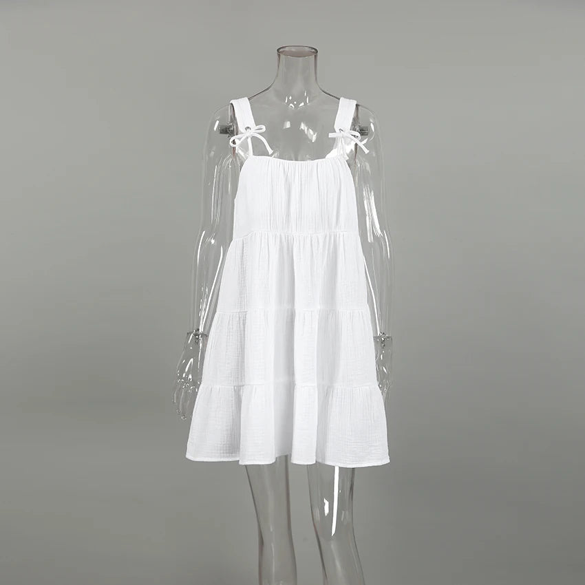 Hiloc White Pure Cotton Sweet Spaghetti Strap Mini Dress Summer Pullover Bow Backless Nightgowns Lace-Up Loose Night Dress Woman