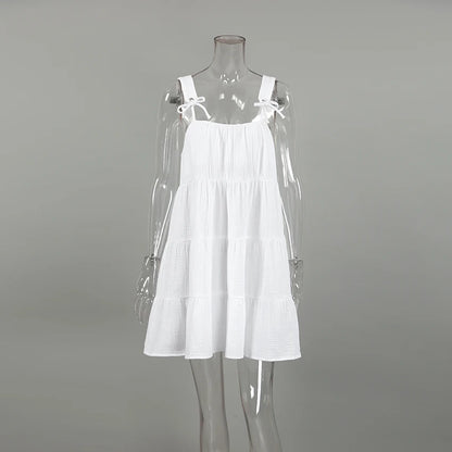 Hiloc White Pure Cotton Sweet Spaghetti Strap Mini Dress Summer Pullover Bow Backless Nightgowns Lace-Up Loose Night Dress Woman