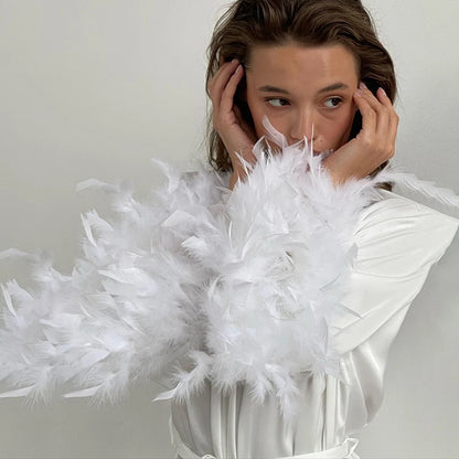 HiLoc 2025 Elegant Satin With Feather Long Robe Spring Sexy Lace Up White Silk Nightgown Female Home Wrap Robe Pajamas Women