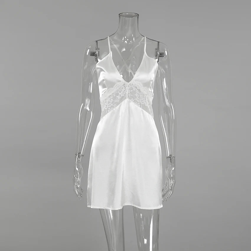 HiLoc 2025 Summer Sexy Lace Nightgown Robe With Belt Fashion Satin Long Sleeve Sleepwear Casual White Mini Dress For Women