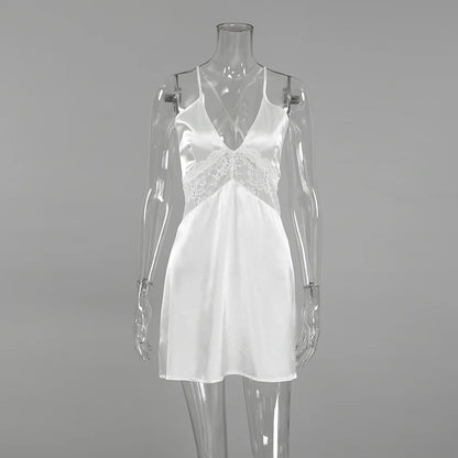 HiLoc 2025 Summer Sexy Lace Nightgown Robe With Belt Fashion Satin Long Sleeve Sleepwear Casual White Mini Dress For Women