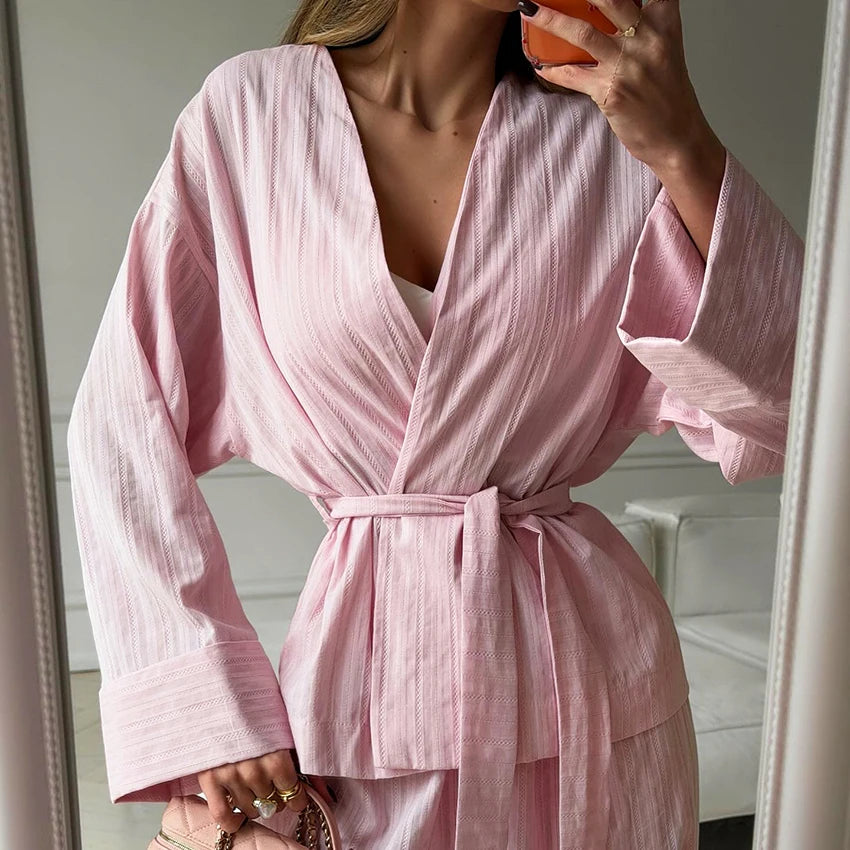 Hiloc Casual Stripe Trousers Outfits Pajamas Home V Neck Wrap Blouse With Elastic Waist Long Pants Female Two Piece Sets 2026