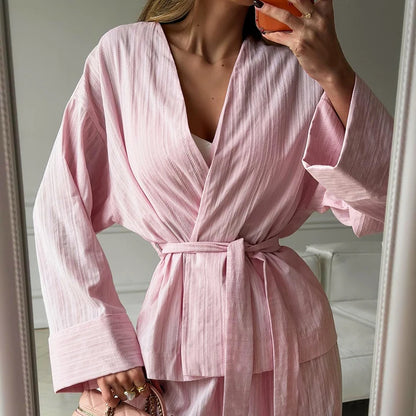 Hiloc Casual Stripe Trousers Outfits Pajamas Home V Neck Wrap Blouse With Elastic Waist Long Pants Female Two Piece Sets 2026