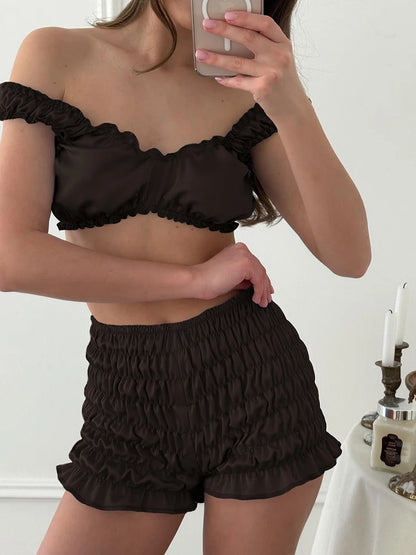 HiLoc Sexy Satin Sleepwear women's pajamas Crop Top Vest With Ruch Elastic Waist Shorts 2 Piece Sets Women Home Solid Suits