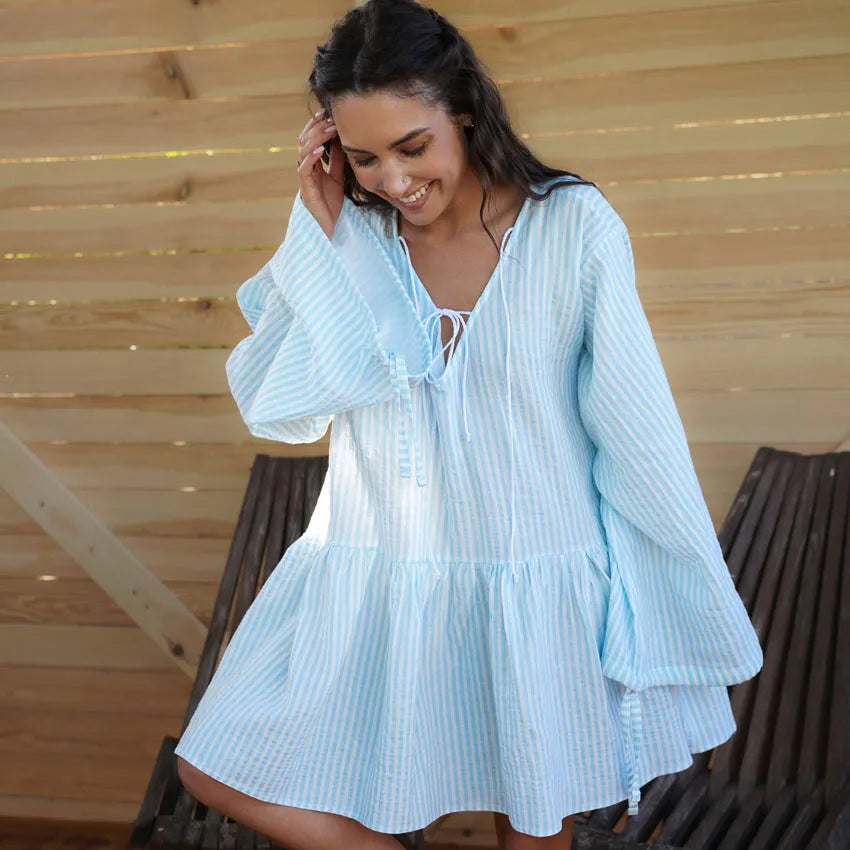 HiLoc Blue Stripe Casual Loose Woven Inelastic Mini Dress V-Neck Front Strap Horn Long Sleeve Ruffled Hem Nightdress 2026 Autumn