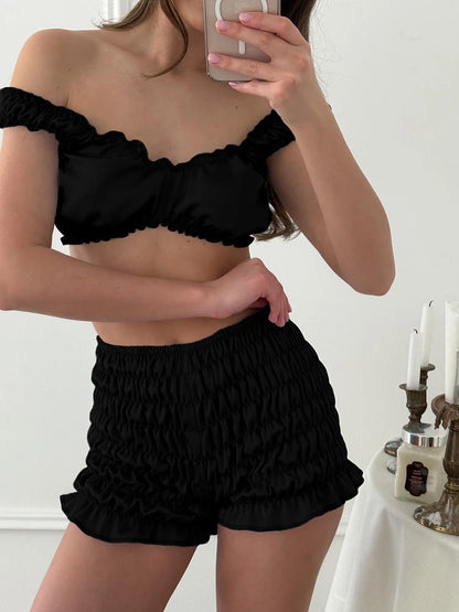 HiLoc Sexy Satin Sleepwear women's pajamas Crop Top Vest With Ruch Elastic Waist Shorts 2 Piece Sets Women Home Solid Suits