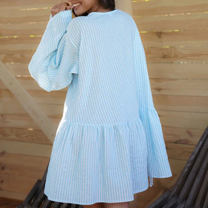 HiLoc Blue Stripe Casual Loose Woven Inelastic Mini Dress V-Neck Front Strap Horn Long Sleeve Ruffled Hem Nightdress 2026 Autumn