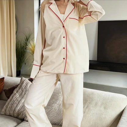 HiLoc Pink Casual Loose Woven Inelastic Pajamas 2 Piece Long Sleeve Lapel Single-Breasted Top Elastic Waist Full Length Pants