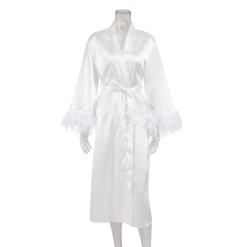 HiLoc 2025 Elegant Satin With Feather Long Robe Spring Sexy Lace Up White Silk Nightgown Female Home Wrap Robe Pajamas Women
