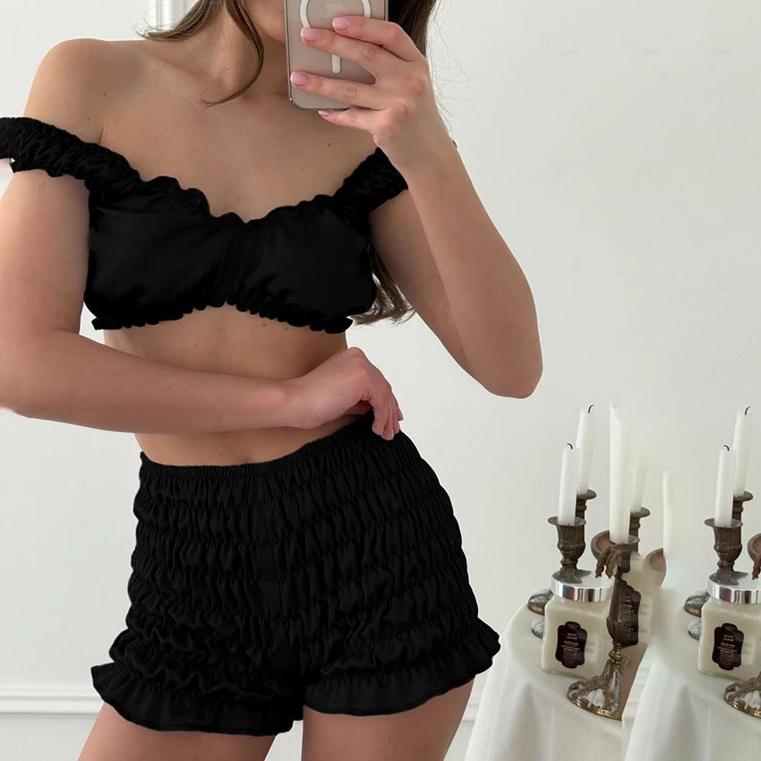 HiLoc Sexy Satin Sleepwear women's pajamas Crop Top Vest With Ruch Elastic Waist Shorts 2 Piece Sets Women Home Solid Suits