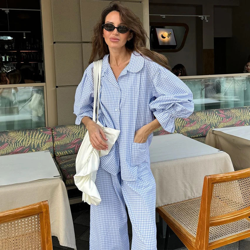 HiLoc Plaid Sleepwear Women Pajama Long Pants Sets Long Sleeve Casual 2 Pieces Night Wears Summer Korean Casual Home Suit 2026