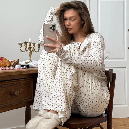 HiLoc Floral Print Sweet Knit Elastic Pajamas 2 Piece Long Sleeve Round Neck Single-Breasted Top Elastic Waist Full Length Pants